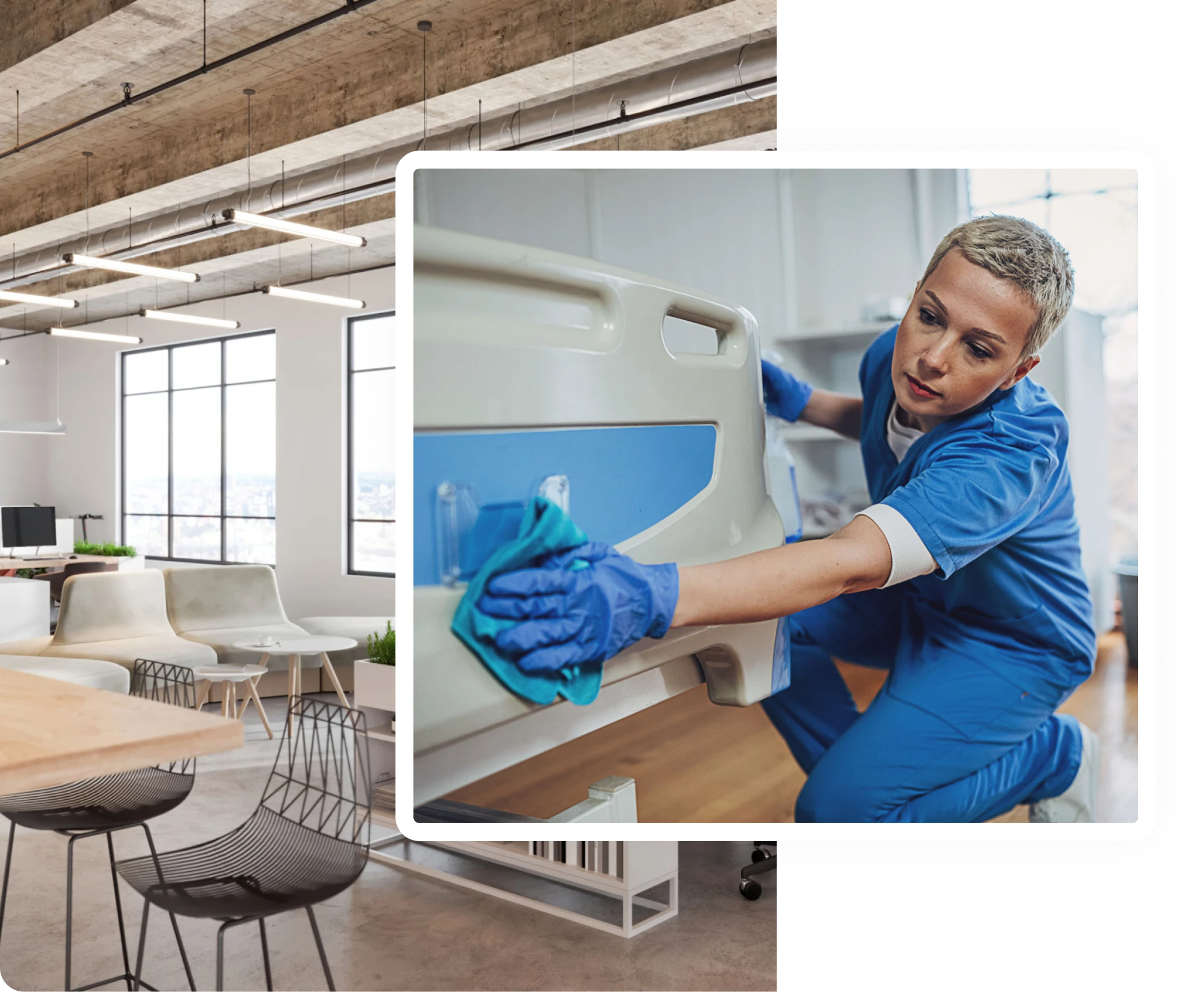 Healthcare professional sanitizing a hospital bed